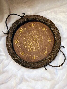 Upcycled Handmade Vintage Wood and Metal Round Decorative Tray Bohemian Rustic